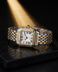 Velmora Aube two-tone cushion-square watch, three-quarter view