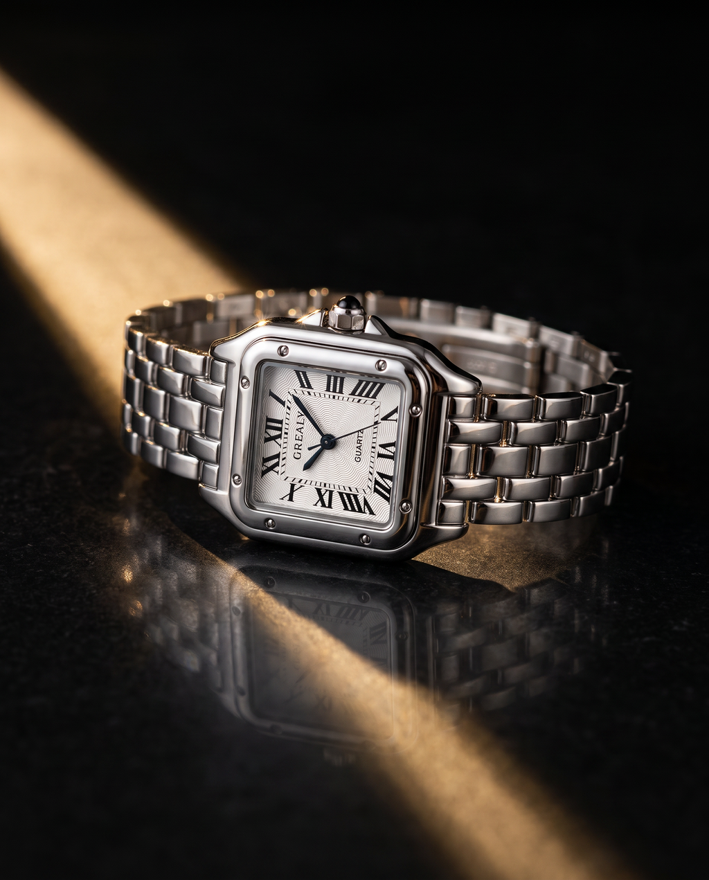 Velmora Nocturne silver cushion-square watch, three-quarter view