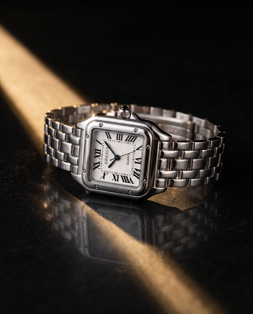 Velmora Nocturne silver cushion-square watch, three-quarter view