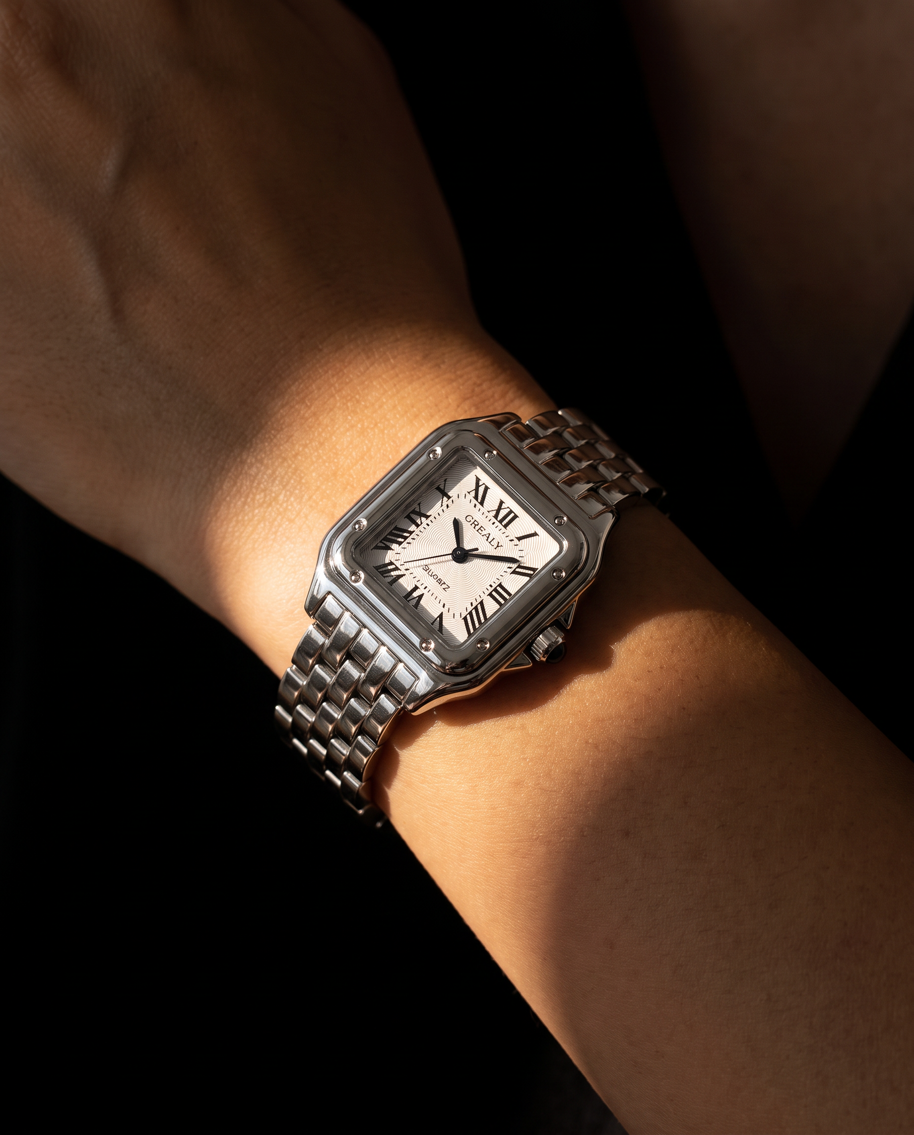 Velmora Nocturne silver watch worn on wrist