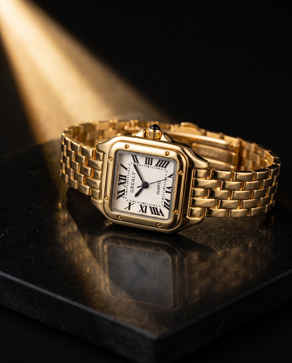Velmora Velours gold cushion-square watch, three-quarter view