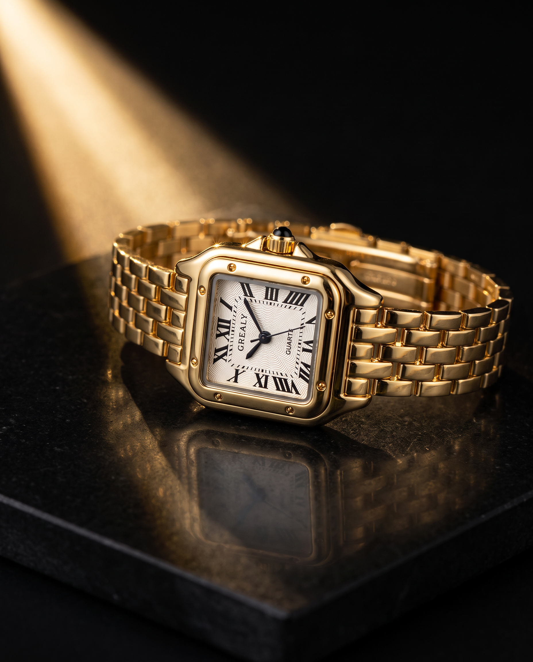 Velmora Velours gold cushion-square watch, three-quarter view
