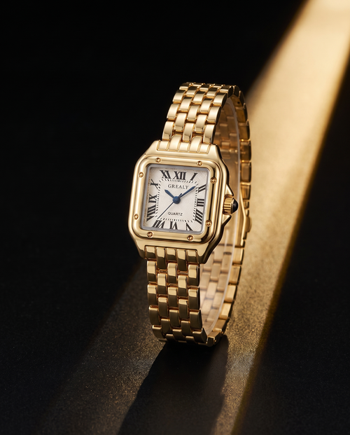 Velmora Velours gold watch campaign shot